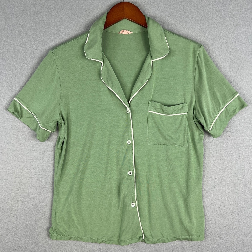 Eberjey Womens Small Green Short Sleeve Pajama Top Button Front Piped‎ Trim PJs